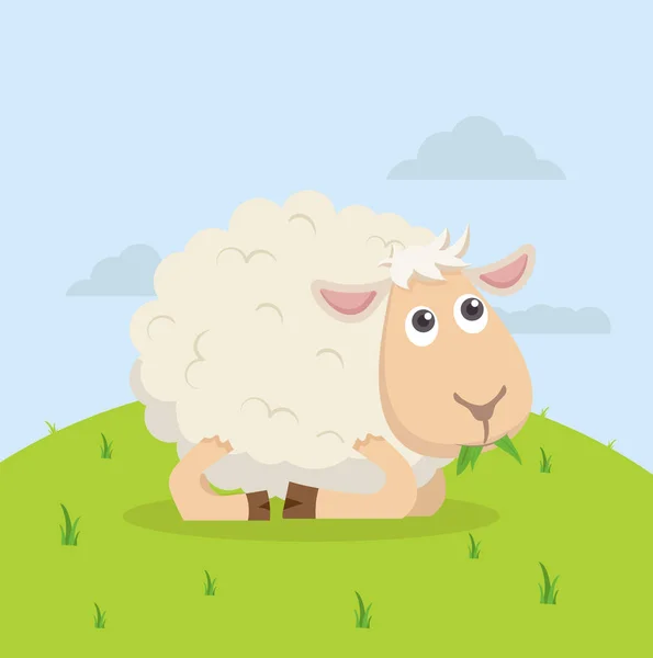 Cute Owiec Szczęśliwy Jeść Kreskówka Trawy — Wektor stockowy