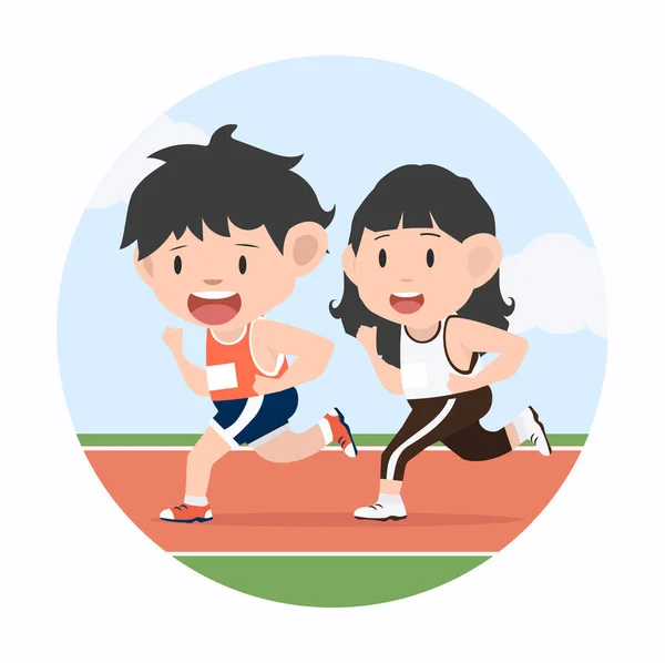 跑道上的年轻男子和女子慢跑马拉松 — 图库矢量图片