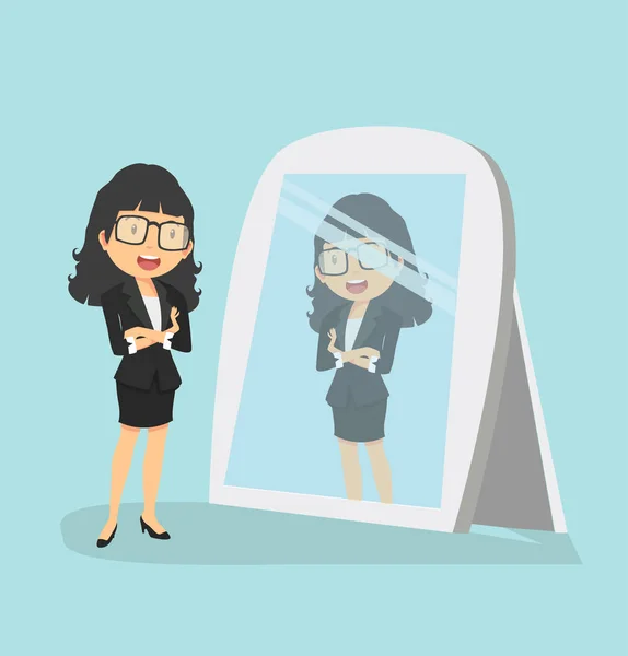 Junge Geschäftsfrau Blickt Vor Dem Spiegel — Stockvektor