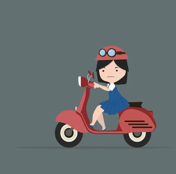 Niña Montando Motocicleta Roja Diseño Plano — Vector de stock