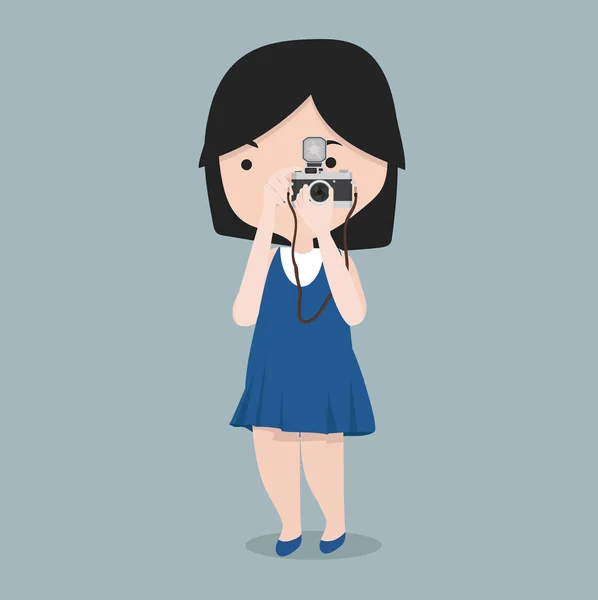 Pequeña Chica Tomando Foto Con Cámara — Vector de stock