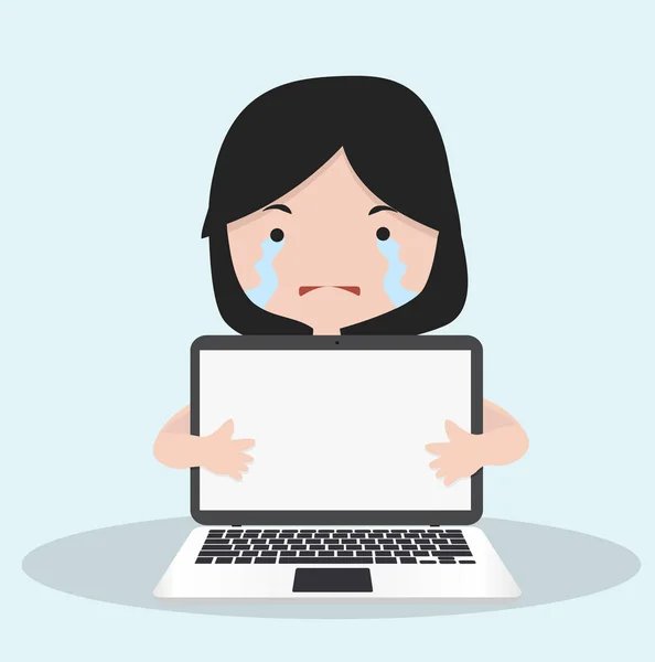 Kleines Mädchen Weint Mit Einem Laptop — Stockvektor