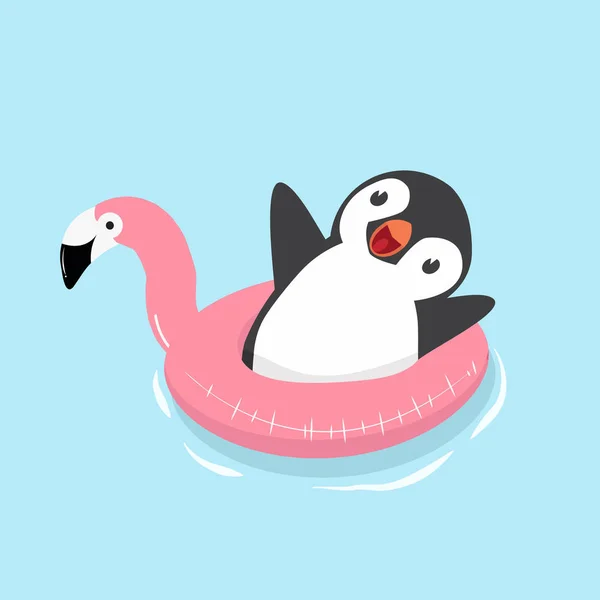 Flamingo Úszó Aranyos Pingvin — Stock Vector