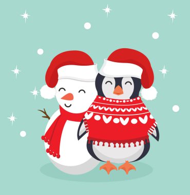 Penguen kış giysileri ile kardan adam vektör