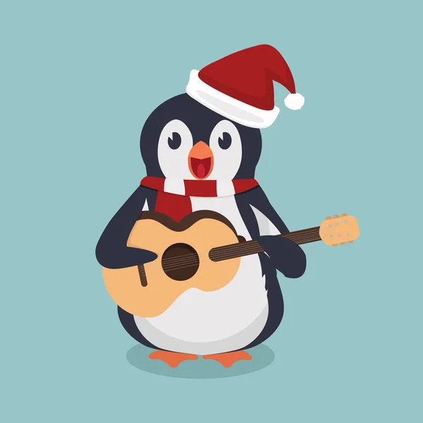 Pinguin Mit Hut Und Schal Mit Gitarre — Stockvektor