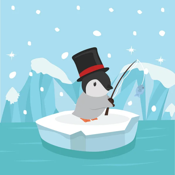 Netter Pinguin Angelt Auf Eisscholle — Stockvektor
