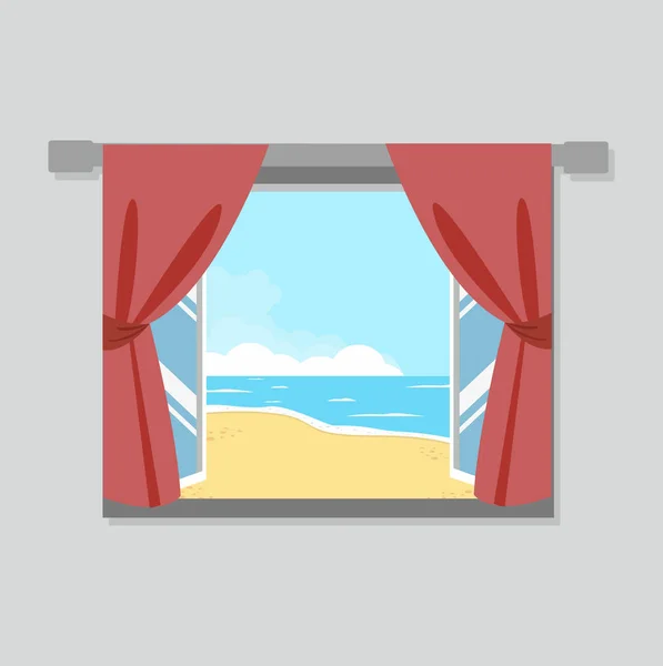 Ventana Abierta Vista Playa — Vector de stock