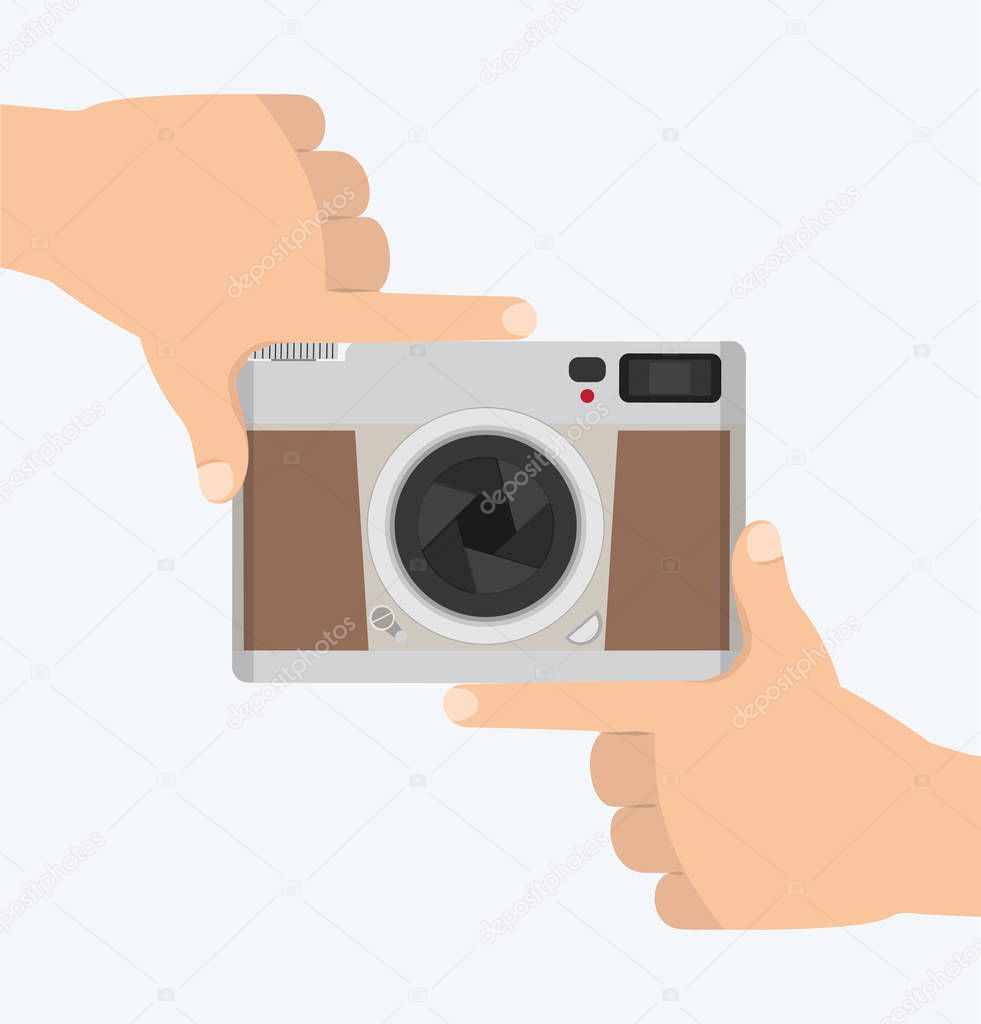 Flat style vintage camera with Hands frame composition