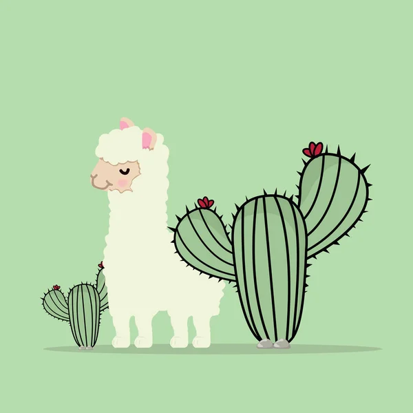 Linda Alpaca Lama Con Cactus — Vector de stock