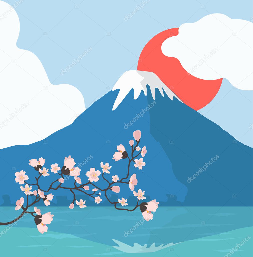 ink floral branch and Mount Fuji background