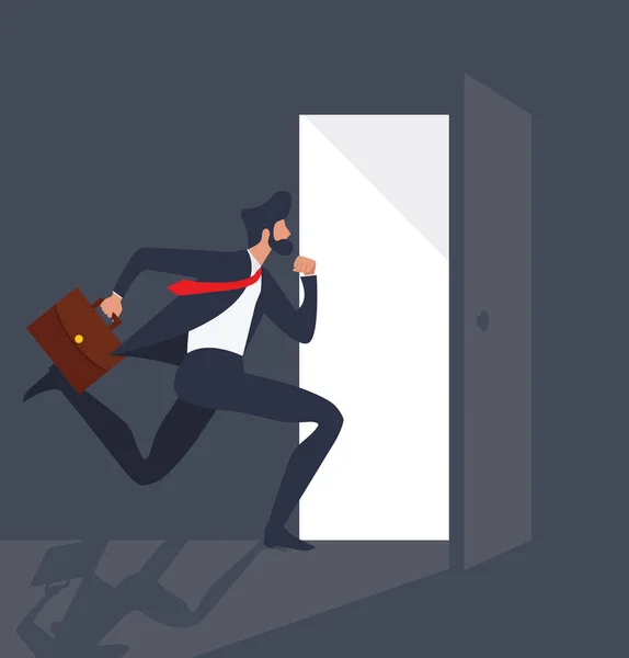 Empresario Corriendo Luz Desde Puerta Abierta — Vector de stock