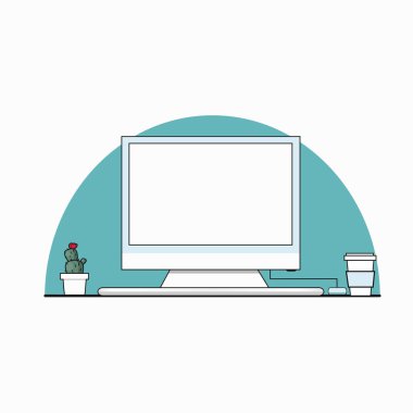 Bilgisayar, kahve fincanı, kaktüs ile çalışma alanı