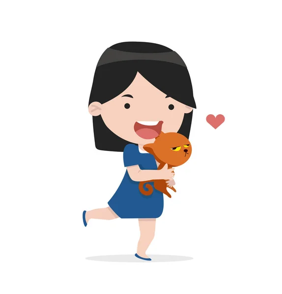 Cute Girl Hug Cat Love — Stock Vector