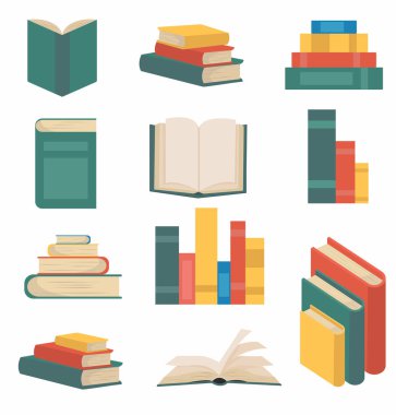 Düz tasarım koleksiyonunda kitap yığını