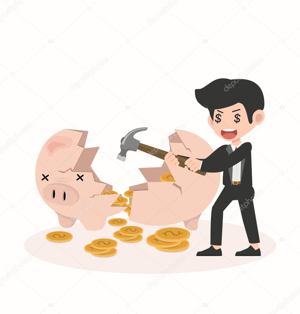 businessman holding hammer breaking piggy bank