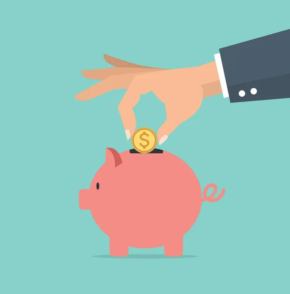 Hand Putting Munt Een Piggy Bank Vector — Stockvector