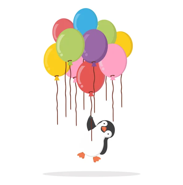 Pingouin Tenant Groupe Ballons Style Plat Coloré — Image vectorielle