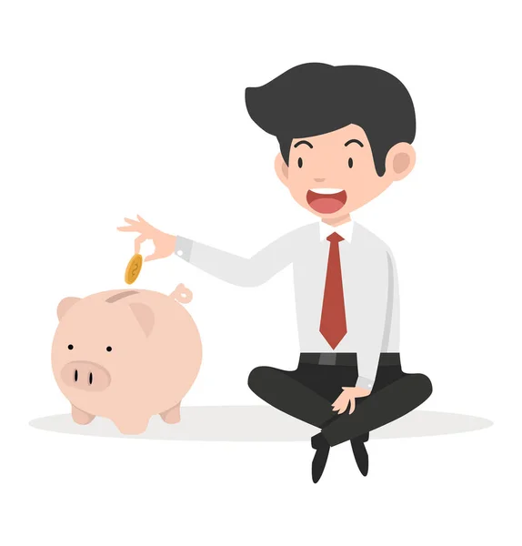 Homem Negócios Colocando Moeda Conceito Banco Piggy — Vetor de Stock