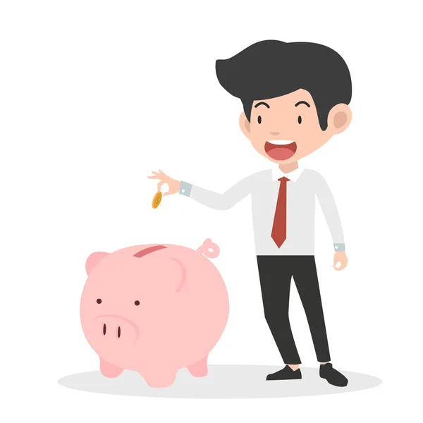 Işadamı Bir Piggy Banka Para Tasarruf Kavramı Sikke Koyarak — Stok Vektör