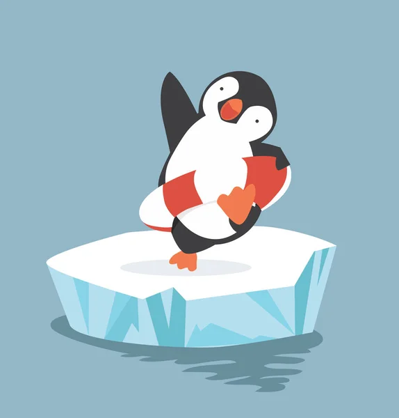 Anello Gonfiabile Del Pinguino Del Fumetto Sul Mare — Vettoriale Stock