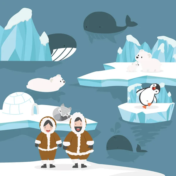 Dieren Mensen Arctic Cartoon Achtergrond — Stockvector