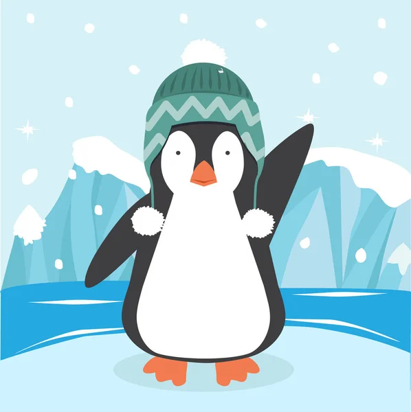 Aranyos Pingvin Egy Kalapban Jégen — Stock Vector
