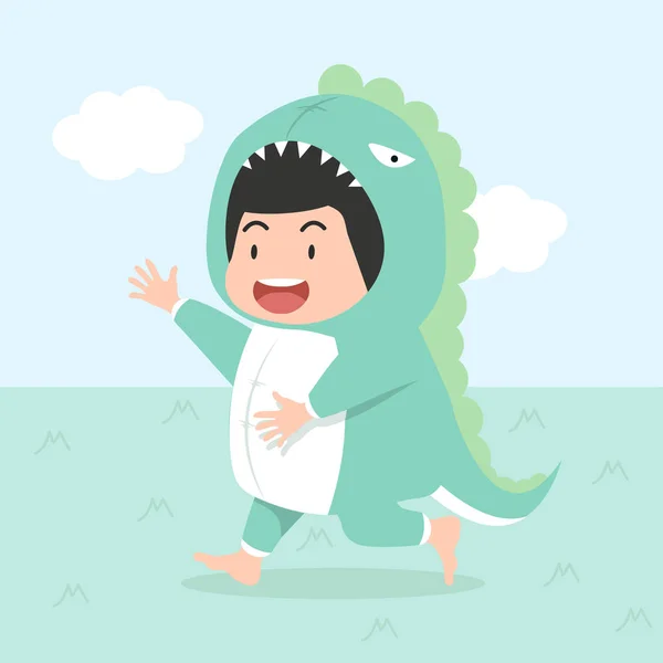 Милий Хлопчик Костюмі Динозавра — стоковий вектор