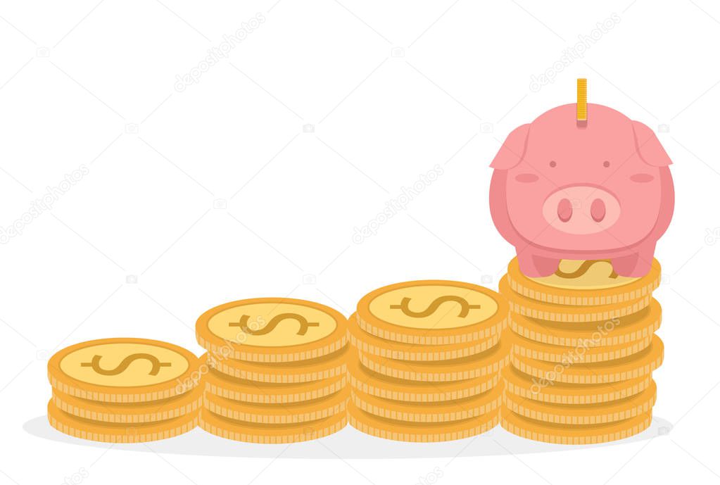Piggybank and coins tower vector Money saving concept