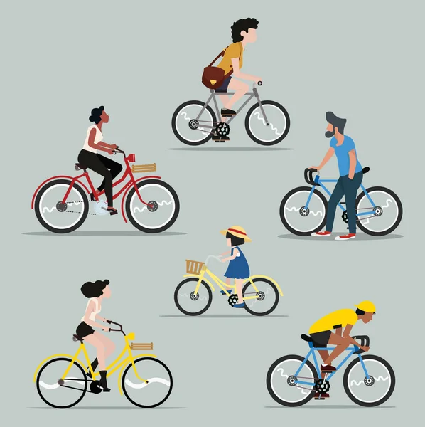 Collection People Riding Bicycle Vector Set — Stock Vector
