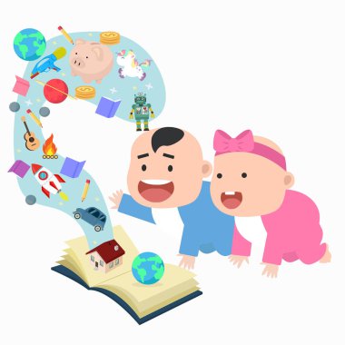 Sevimli küçük bebek erkek ve bebek kız açık kitap harika hikayeler