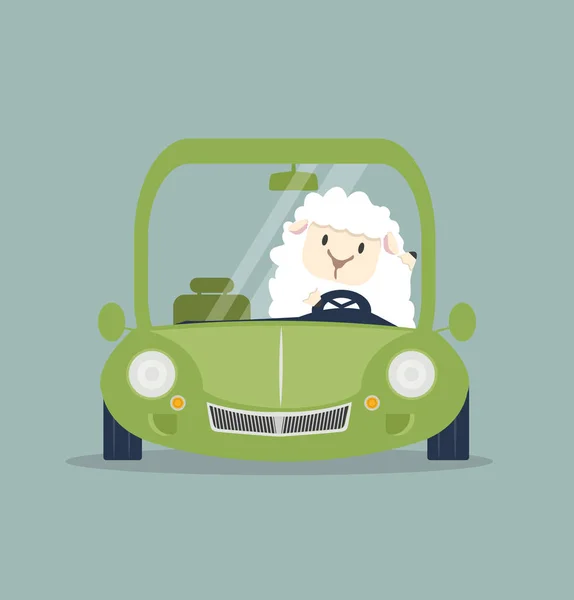Śliczne Białe Małe Owce Jazdy Zielony Samochód Wektor Ilustrator — Wektor stockowy