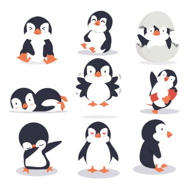 Sevimli küçük penguen farklı pozlar seti