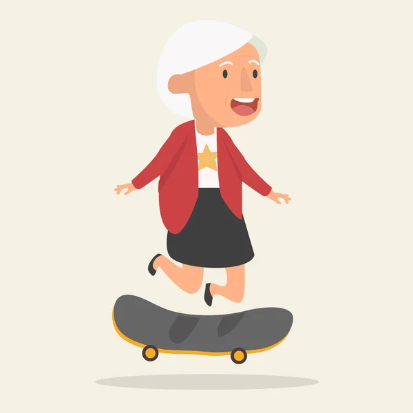 Alte Frau Springen Skateboard Charakter — Stockvektor