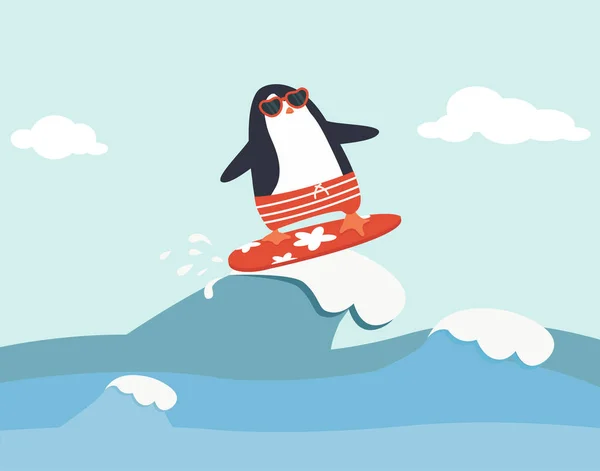 Cute Penguin Surfing Waves Vector — Stock Vector