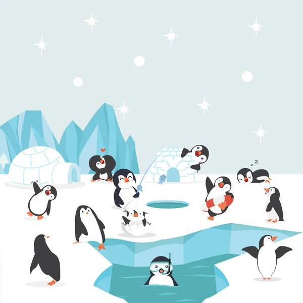 一群企鹅在海洋中北极北极 — 图库矢量图片