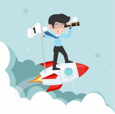 işadamı uçan bir roket üzerinde duran bayrak tutun