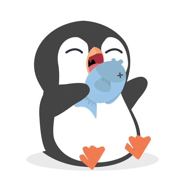 Pinguim Bonito Comer Peixe Vetor — Vetor de Stock