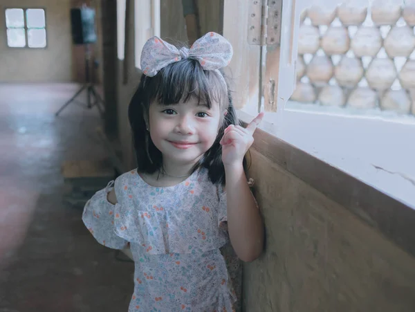 Close Portrait Little Girl Window — Stock Photo, Image