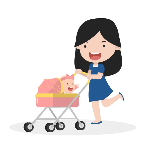 Mãe Com Bebê Vetor Carrinho — Vetor de Stock