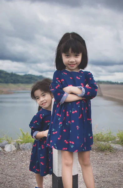 Two Little Girls Dress River — Stock Photo, Image