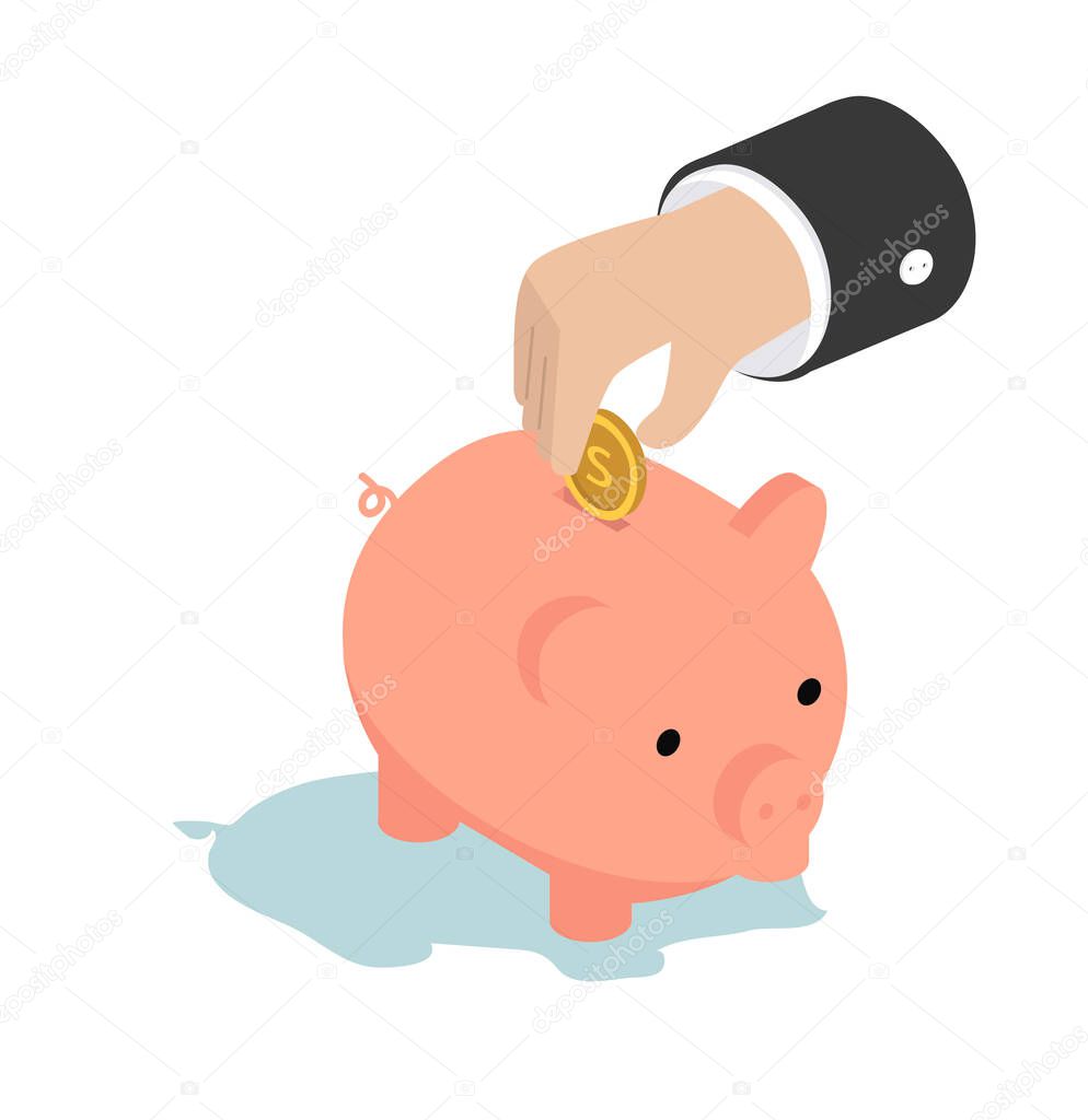 businessman hand put  piggy bank with coin  Isometric