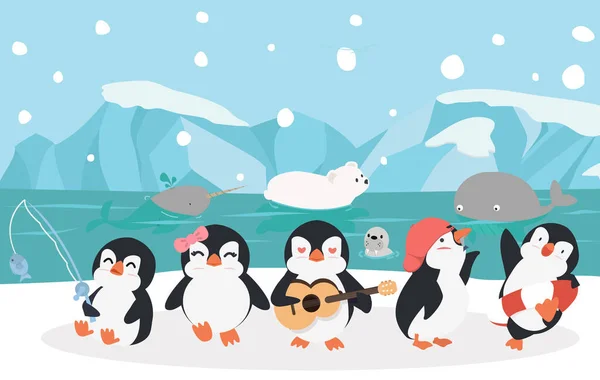 Pinguins Família Com Vetor Pólo Norte Animal —  Vetores de Stock