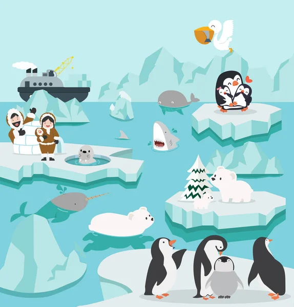 Set Van Schattige Cartoon Noordpool Arctische Ijsbergen Achtergrond — Stockvector