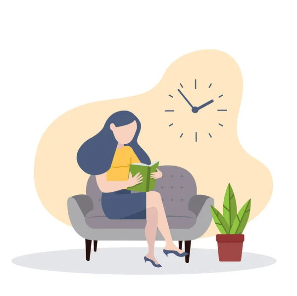 Mujer Sentarse Libro Lectura Concepto Sofá — Vector de stock
