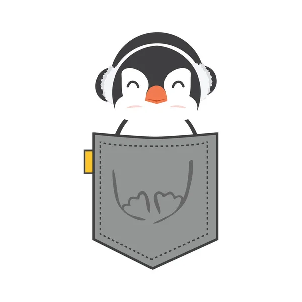 Pinguin Mit Ohrenschützer Vektor Der Tasche Flat Style Design — Stockvektor