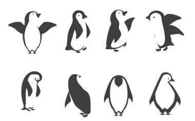 Farklı pozlardaki mutlu penguen karakterleri
