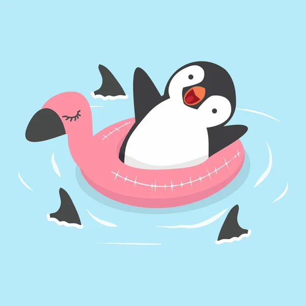 Пінгвін Плаває Басейн Фламінго Тонкими Акулами — стоковий вектор