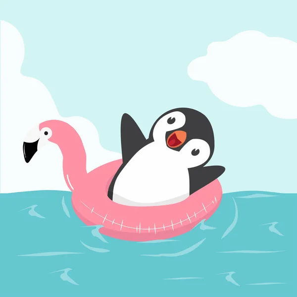 Aranyos Pingvin Flamingó Úszó Tengerben — Stock Vector