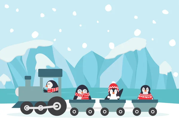 Pinguini Sella Treno Inverno Polo Nord Artico — Vettoriale Stock