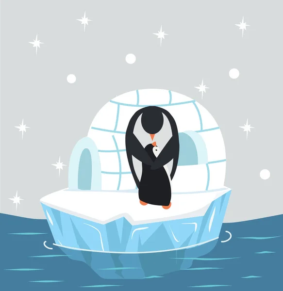 Aranyos Anya Pingvin Ölelés Baba Pingvin Igloo Jégház — Stock Vector